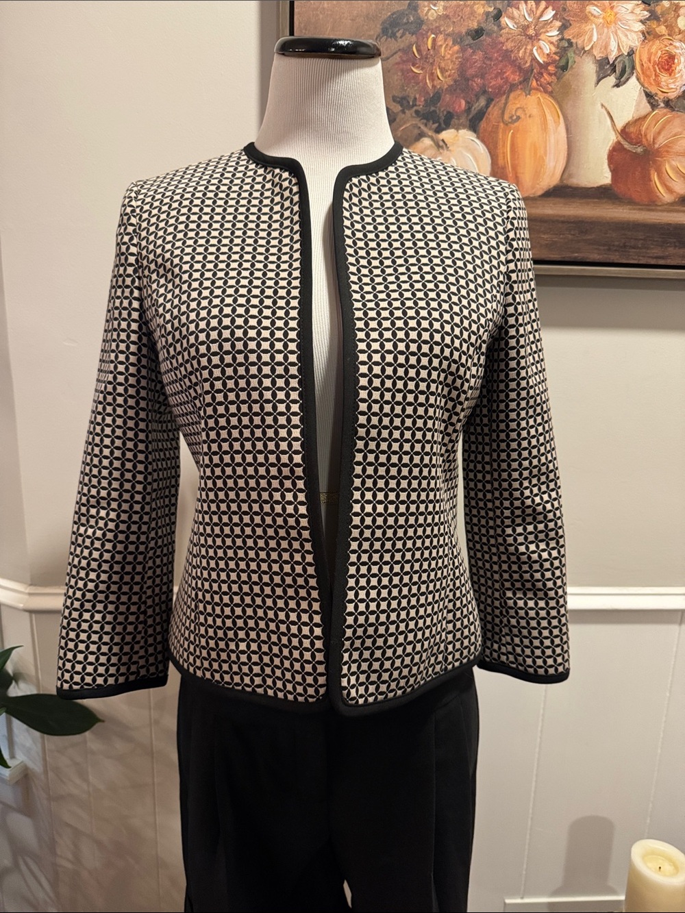 Anne Klein Black & Cream Geometric Open-Front Jacket